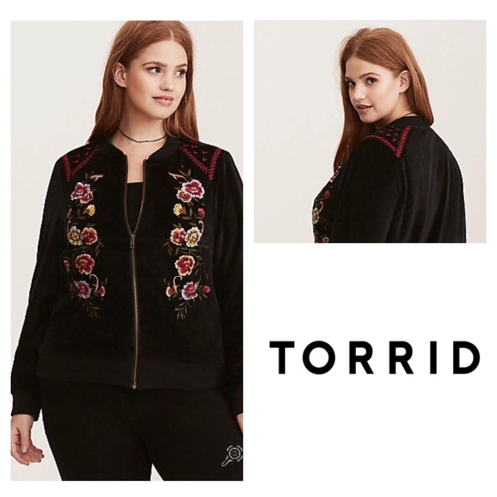 Torrid Embroidered Embellished Black Bomber Jacket